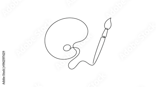 Artistic brush and paint palette in a minimalist single line drawing style, symbolizing creativity and artistic expression