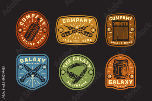 Western gear retro badge logo design set for adventure. Explorer tools vintage patch symbol pack for outdoor. Dynamite, Screwdrivers, Wanted poster, Knives, Belt, Barrel. Vector Illustration