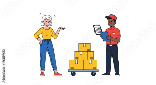 Friendly delivery man in uniform holding a clipboard and checking a list for a customer standing next to stacked cardboard boxes.