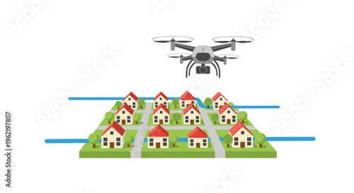 A gray drone with a camera flies above a grid of identical small houses with red roofs and green lawns bordered by blue lines.