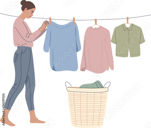 Laundry Routine Illustration Set Washing Drying Ironing Clothes at Home