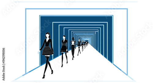 A line of stylized female models in black and white outfits walks down a long runway framed by glowing blue rectangular tunnels.