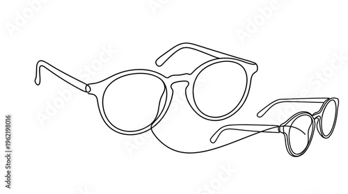 Minimalist line drawing of two pairs of eyeglasses with round frames and thin temples on a white background, representing vision and style