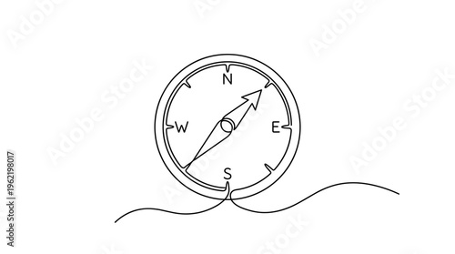 Minimalist continuous line drawing of a compass showing north east direction on a white background symbolizing direction guidance and exploration