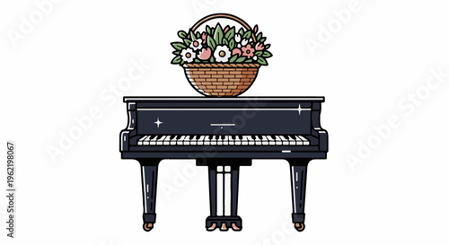 A basket of flowers rests atop a polished grand piano