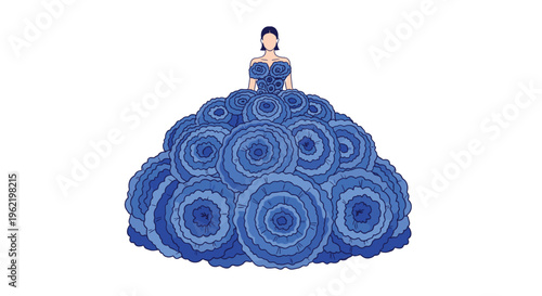 A stylized female figure wears a voluminous blue gown composed entirely of large, layered rosette structures.