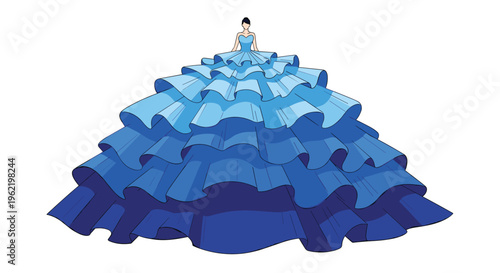 A stylized female figure wears a grand, multi-tiered blue gown with cascading ruffles and a simple bodice.