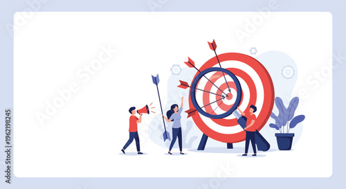 Business team members working together to hit a giant target using a magnifying glass and a megaphone to achieve high performance.