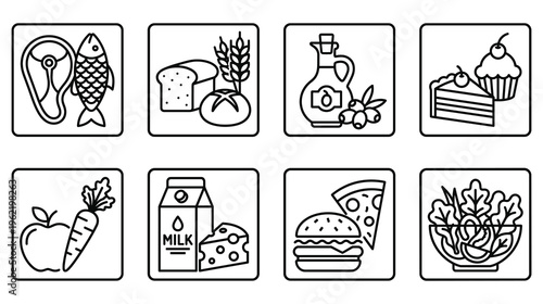 Healthy food icons set with organic vegetables dairy meat and cereal.
