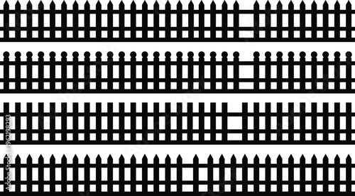 Fence silhouettes, picket icons, decorative barrier shapes, outdoor architecture, wooden fence design elements, property boundary art, security fences, flat vector illustration