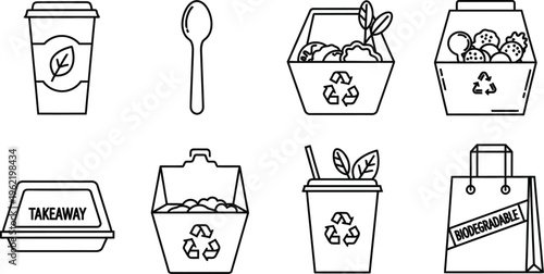 Eco-friendly disposable food and drink packaging solutions, including takeaway containers, cups, bags, and cutlery, emphasizing sustainability and environmental responsibility