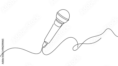 Minimalist single line drawing of a microphone with a flowing cable representing sound waves or music, perfect for audio recording or performance concepts