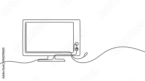 Minimalist continuous line drawing of a retro television set with a cable extending into a wavy line on a white background