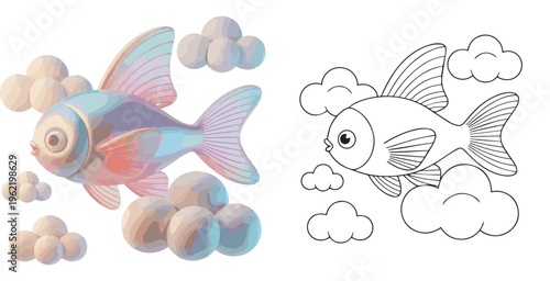 flying fish drifting in cloud vector illustration for children coloring book clipart and lineart