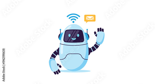 Friendly white chatbot robot waving its hand with a wifi signal and mail icon to represent smart customer support and digital messaging.