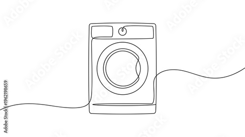 Minimalist continuous line drawing of a modern front loading washing machine on a white background symbolizing clean laundry and household chores