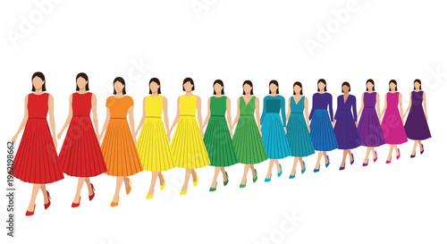 A long line of fourteen women, each wearing a solid-colored dress in a rainbow gradient, walks diagonally across a white background.