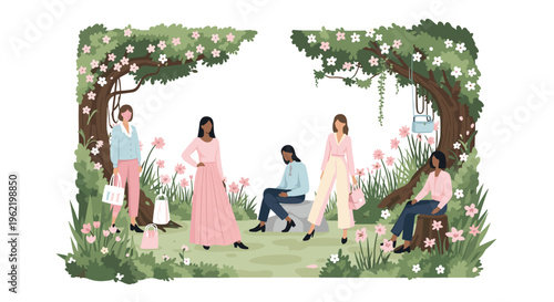 Six women are gathered in a lush garden with flowering trees and small pink blossoms, some sitting on rocks while others stand with shopping bags.