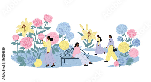 Five women are depicted walking and sitting amidst a vibrant garden filled with oversized pastel-colored roses, lilies, and hydrangeas.
