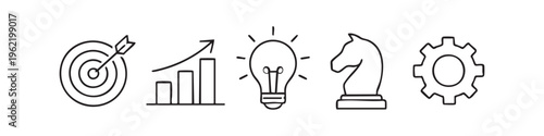 Minimalist hand-drawn business icon set featuring a target, bar chart, lightbulb, chess piece, and gear. Ideal for infographics, strategy presentations, and creative projects in a doodle style.