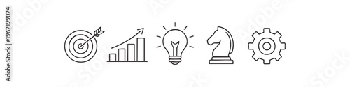 Set of five professional business line icons representing strategy, growth, innovation, and success. Features target, chart, light bulb, chess knight, and gear for corporate and web design.