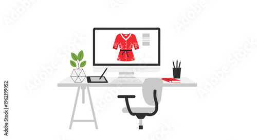 A minimalist desk with a computer displaying a red dress design, a tablet, a plant, and an office chair is set on a white background.