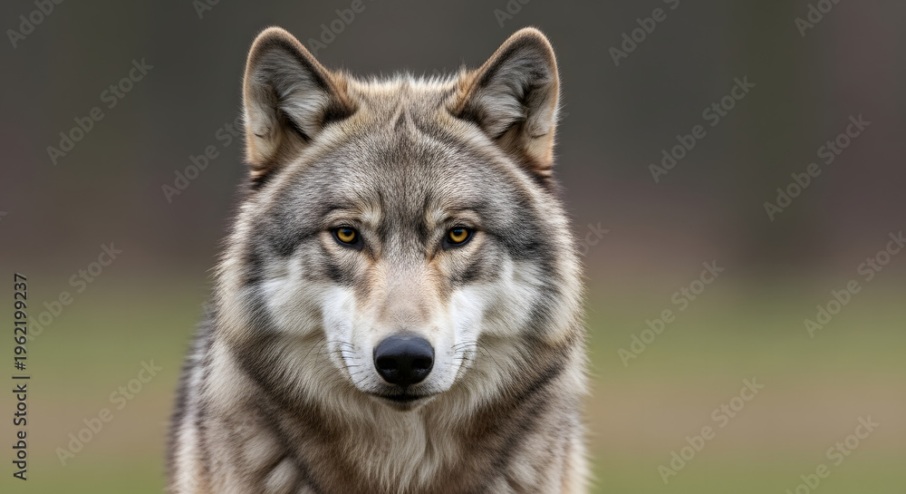 Fototapeta premium A close-up portrait of a wolf with a blurred background of green and brown hues
