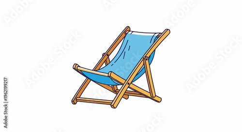 A blue striped canvas beach chair with a wooden frame