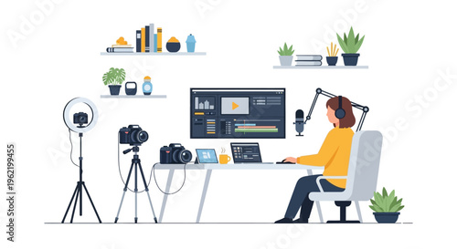 Woman Creating Digital Content in Home Studio: Video Editing, Podcasting, and Live Streaming Setup
