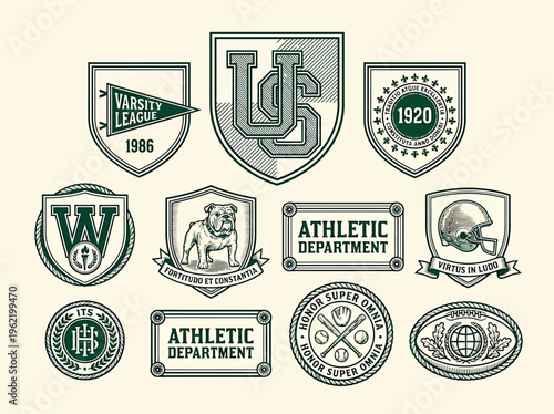 Vintage academic badge collection featuring university athletic emblems and institutional seals for branding identity sports design and heritage illustration use