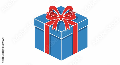 A blue gift box with a red ribbon and bow sits on a white background