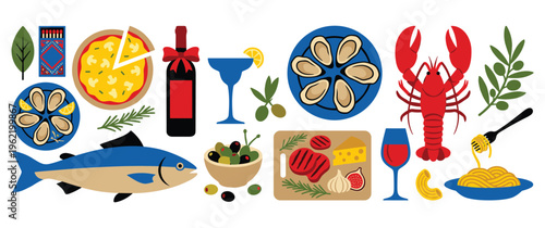 Flat style mediterranean food illustration with lobster fish and wine.