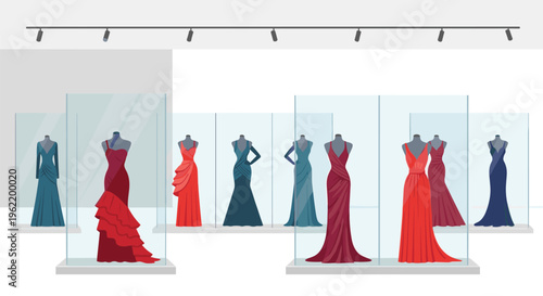 Several mannequins displaying elegant evening gowns are presented within individual glass display cases in a modern gallery.