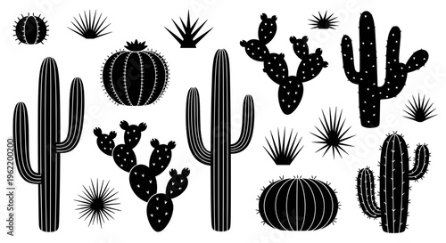 Collection of black silhouette desert cactus plants and succulents isolated on white background in various shapes and sizes