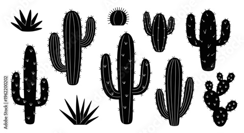 Collection of black silhouette desert cacti and succulents on a white background symbolizing arid nature and botanical diversity