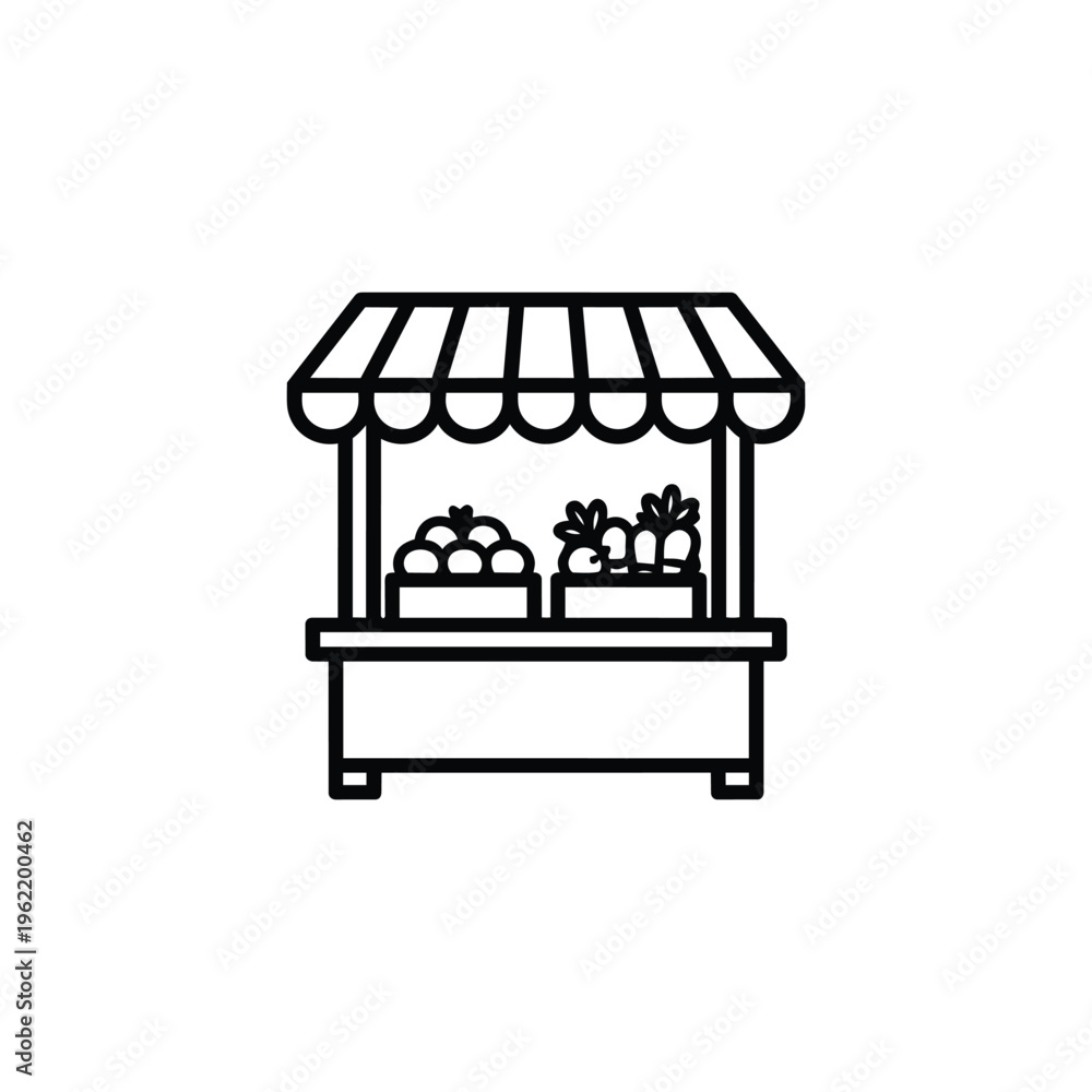 Obraz premium Farming market stall black and white vector icon farming produce stand illustration for organic farm shop and farmers market