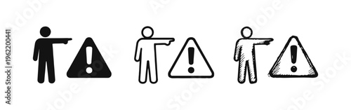 Person pointing at warning icon set. Human alert, danger indication, and safety instructions symbol.