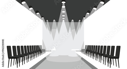 An empty fashion show runway with rows of chairs and bright spotlights is depicted in a monochromatic illustration.