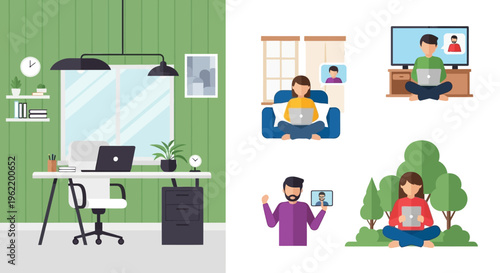 Remote Work and Flexible Lifestyle Vector Illustrations: Home Office, Online Meetings, and Digital Connectivity