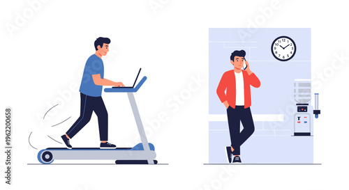 Modern Work-Life Balance: Man Working Actively on Treadmill with Laptop and Communicating on Phone During Office Break