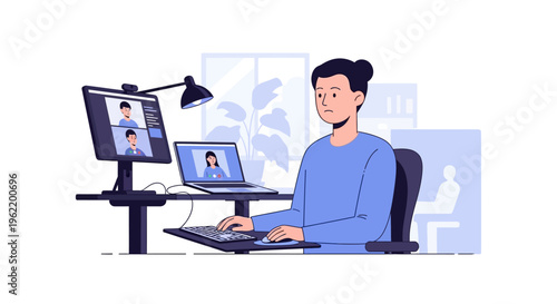 Remote Worker on Video Call with Dual Monitors in Home Office. Professional Engaging in Virtual Meeting and Online Collaboration.
