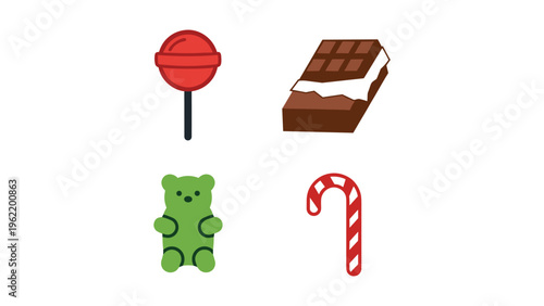 Four whimsical candy-themed icons representing different sweet treats