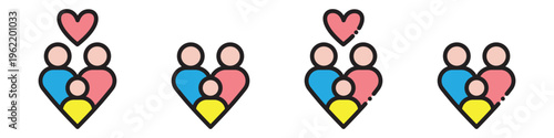 Family icon with heart shape, shown in line and solid styles, isolated on a transparent background. Two adults and a child, modern design for parenting, childcare, social, insurance, lifestyle use.