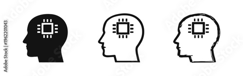 Artificial intelligence and cybernetics icon set. Human brain with microchip and advanced technology symbol.