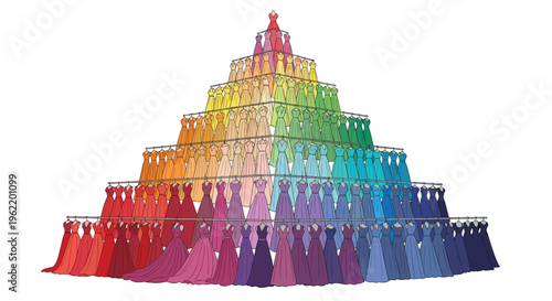 A grand pyramid-shaped display is formed by numerous colorful dresses arranged in a gradient of hues.