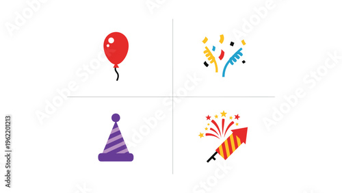 Celebration icons featuring balloons, party poppers, party hats, and fireworks