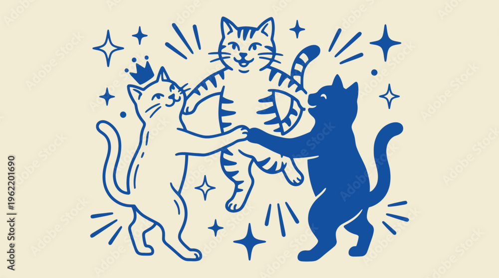 Fototapeta premium Cute dancing cats illustration with playful cartoon style minimal line art characters and fun animal design perfect for kids graphics stickers and creative projects