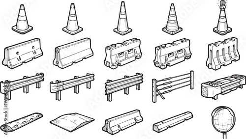 Road safety equipment collection illustrations, capturing essential elements for safe road management. A clear, schematic representation of safety elements.