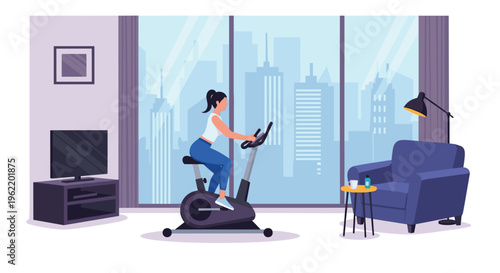 A woman cycles on a grey stationary bike in a living room with a city view.