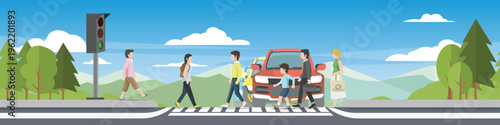 Horizontal or Landscape of pedestrians crossing a street on a zebra crossing with many car stopped at a green traffic light in a flat vector style. Background of trees and mountain under blue sky.